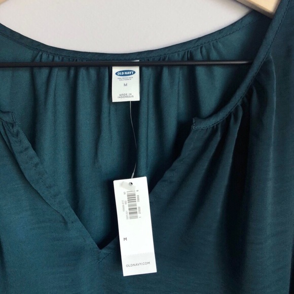 NWT Satin Teal Green Boho Shirred Boho Top Blouse - Picture 3 of 6